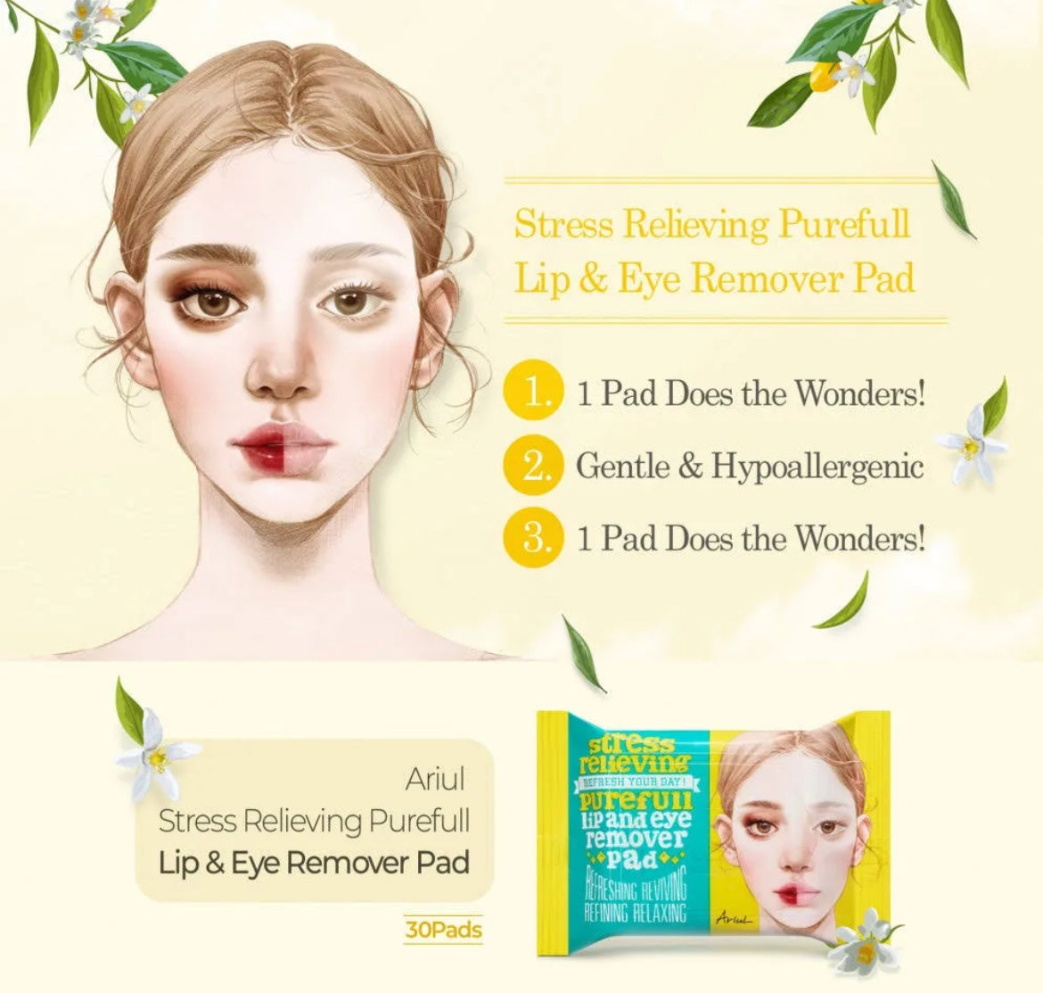 [Ariul] Stress Relieving Pad Trio Set ( lip&eye remover pad, peeling pad, toning pad)